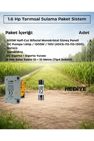 1300w 1.6 Hp Tarımsal Sulama Solar Paket 32a Sigorta Hediye