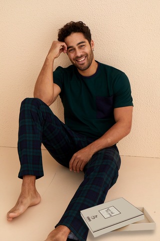 Kutulu- Premium Pamuklu Kısa Kollu Erkek Pijama Takımı- Ekose Babalar Günü Hediyesi Yesil