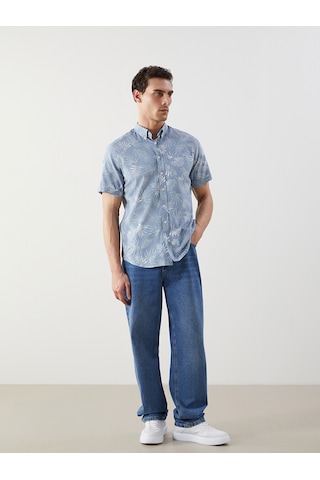 Lcwaıkıkı Classic Mavi Regular Fit Kısa Kollu Desenli Poplin Erkek Gömlek