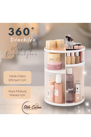 360 Derece Dönebilen Makyaj Organizeri Beyaz Beyaz