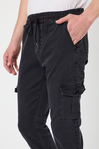 Haki Slim Fit None Denim Yandan Cepli Bel Bağcıklı, Paçaları Lastikli Erkek Kargo Pantolon Gri