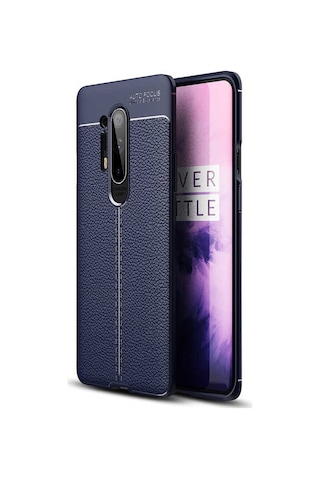 Noktaks - One Plus 8 Pro Uyumlu Kılıf Deri Dikiş Görünümlü Niss Karbon Silikon Kapak - Lacivert - T16128
