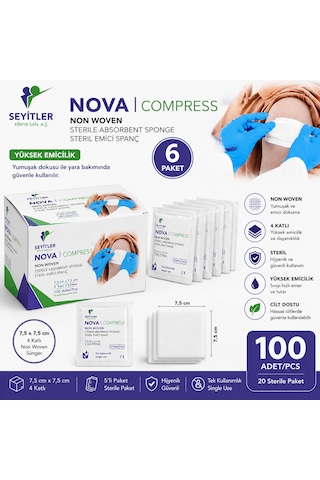 Nova Steril Kompres 7,5cm 7,5cm 4 Katlı 5'li 6 Paket