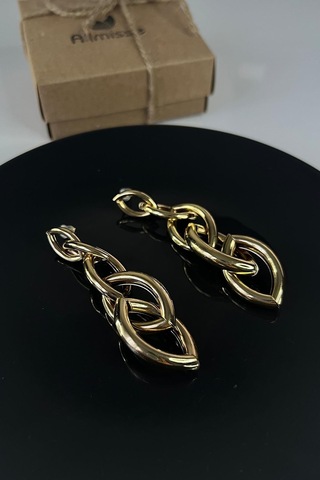 Gold İç İçe Geçmeli Elips Model Sallantılı Çelik Küpe Gold