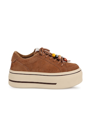 Guja Kadın Sneaker 366-2 Camel Hakiki Dokulu Süet Renkli Boncuk Bağcık Detaylı Yüksek Kalın Platform Taban Rahat Günlük Spor Ayakkabı