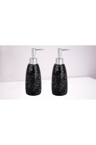 Banyo Seti Mermer Desenli Siyah Sıvı Sabunluk 2 Adet 8x8x17cm 300 Siyah