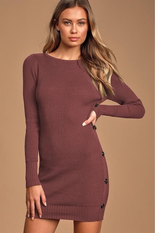 Aqe Fashion Kadın Geniş Yaka Uzun Kol Yandan Düğme Detaylı Tarçın Triko Elbise Tarçın