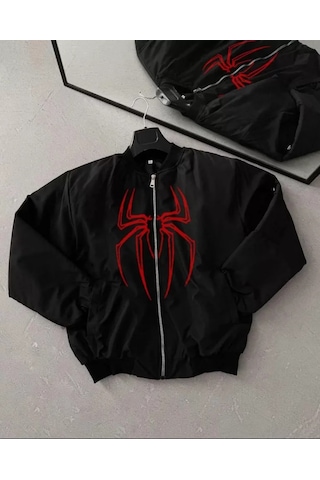 Etiler Collection Unisex Uzun Kol Örümcek Baskılı Bomber Ceket - Siyah
