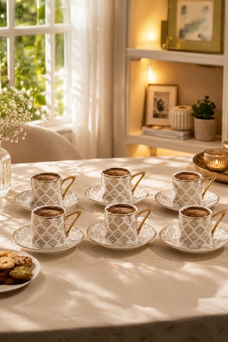 Porsima Sd01-d 12 Parça Altın Yaldızlı Porselen Türk Kahve Fincan Takımı - 90ml Kahve Fincan Seti Çok Renkli