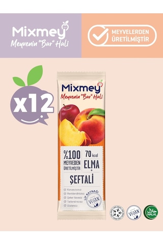 Mixmey Şeftali Meyve Barı 12 Adet | Atıştırmalıklar – Vegan, Glutensiz, Koruyucusuz 20gr X 12 Adet