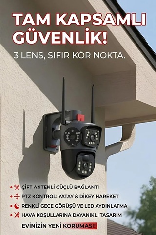 4k Dış Mekan Güvenlik Kamerası 3 Lensli Ultra Net Gece Görüşlü, Yapay Zeka Hareket Algılama