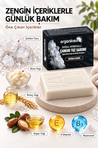 Organicsun Çankırı Tuz Sabunu 120 Gr Köpüren Formül - Zengin Doğal Mineralli Kaya Tuzu Sabunu