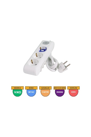 Viko Multi-let 3'lü Grup Priz Anahtarlı Topraklı Çocuk Korumalı 3 Metre Beyaz - 90117303