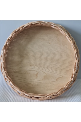 El Yapımı Bambu Rattan Örgü Yuvarlak Dekoratif Tepsi 25cm Ahşap