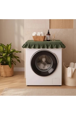 Fırfırlı Çamaşır Makinesi Örtüsü - Çeyizlik Dekoratif Banyo Makine Kılıfı- Haki