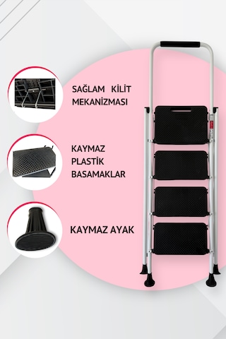 Portalife 4 Basamaklı Konfor Tutacaklı Çelik Şık Merdiven - Beyaz 200 Cm'ye Kadar