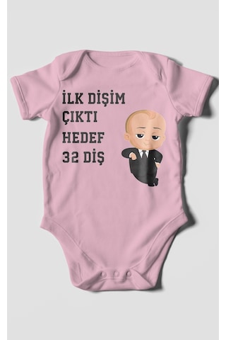 Morivokids İlk Dişim Çıktı Hedef 32 Diş Kısa Kollu Bebek Body Koyu Pembe