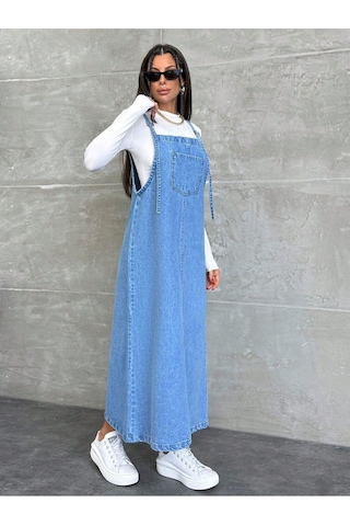 Shevega Kadın Uzun Mavi Bahçivan Askili Elbise Lacivert