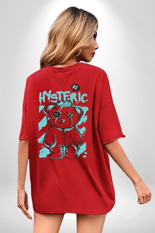 Histerik Kırmızı Oversize Unisex Ön Ve Sırt Baskılı Tişört Kırmızı