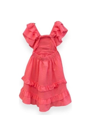 Kız Çocuk Askılı Dokuma Sırtı Açık Elbise-13744 Neon Pembe