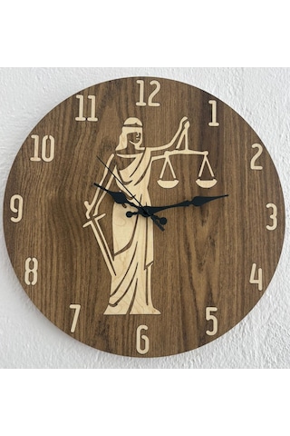 Pelince - Justitia Adalet Terazisi Figürlü - Ahşap Duvar Avukat Saati Kişiselleştirilebilir - Koyu Ahşap - 40 Cm Ahşap