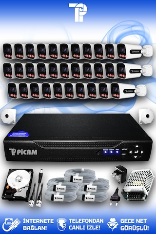 Picam 32 Kameralı Zebra 32 Dış Kamera Set 100 Gb 5 Mp 2k Net Gece Görüşlü Güvenlik Kamerası Sistemi