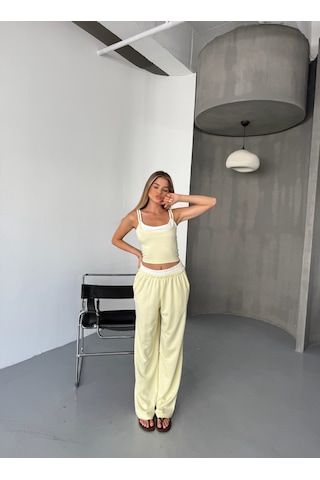 Kadın Çift Kat Detaylı Modal Dokulu Alt Üst Takım Sarı