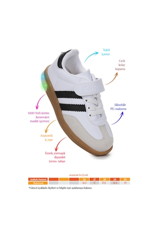 Kiko Kids Renis Günlük Cırtlı Işıklı Kız Çocuk Spor Ayakkabı Beyaz - Siyah Beyaz - Siyah