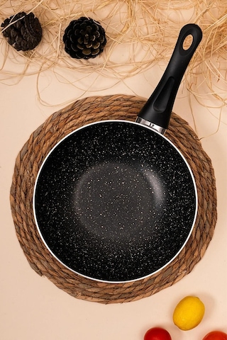 Çarşıdayız 28 Cm Granit Wok Tava - Yüksek Isıya Dayanıklı, Uzun Ömürlü Mutfak Eşyası Siyah