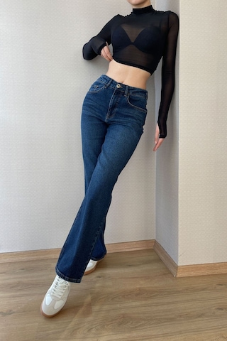 Koyu Mavi Kadın Wide Leg Jean Yüksek Bel Likralı Esnek Kot Pantolon Jessica-kymavi 001