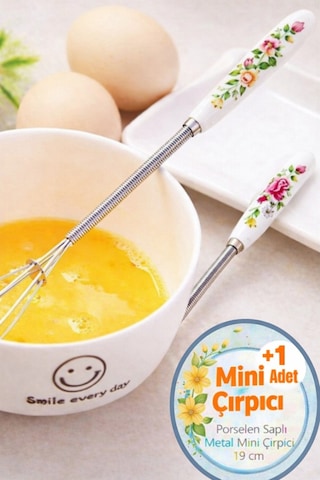 Mini Kahve Çırpıcı Porselen Saplı Süt Yumurta Çırpıcı 19 Cm Desenli Çırpıcı Tel Gümüş