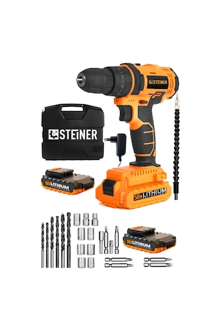 Steiner 58 V 5 Ah Darbeli Metal Şanzıman Çift Akü Şarjlı Vidalama Matkap + 24 Parça Sarı