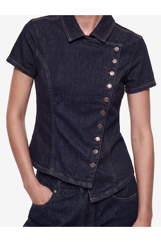 Koton Slim Fit Pamuklu Klasik Yaka Kısa Kollu Asimetrik Kesim Düğmeli Denim Bluz Koyu İndigo 7wal30005md Dark Indigo