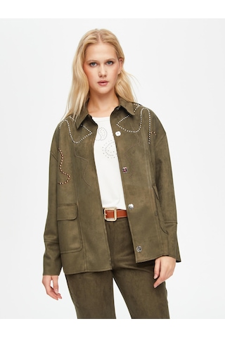 Trok Taş Detaylı Süet Ceket 69203 U6920354 Haki