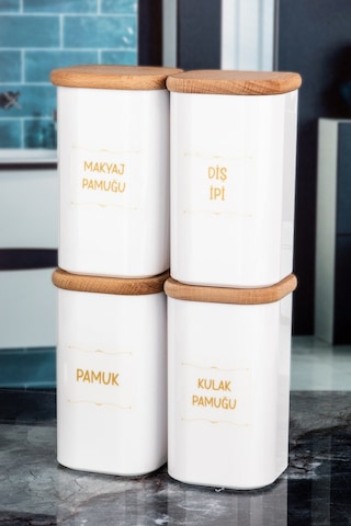 4'lü Ahşap Kapaklı Beyaz Kulak Pamuğu, Pamuk, Makyaj Pamuğu, Diş İpi Kavanozu Akrilik Şeffaf