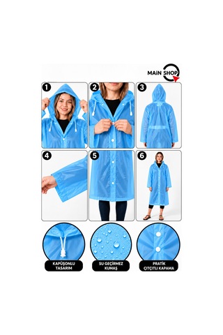 Mainshop Unisex Yağmurluk Kapüşonlu Çıtçıtlı Su Geçirmez Uzun Yağmurluk Kadın Erkek Mavi