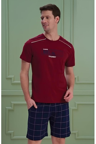 Dode Flora Erkek Yazılı Kısa Kollu Şortlu Pijama Takım - 1204 - Ovr - Slp Bordo