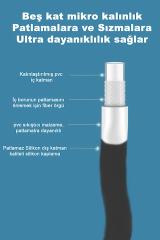 Blackrope Lüx Siyah Ultra Esnek Silikon Sağlam Yapılı Kopmaz Patlamaz Paslanmaz Banyo Duş Hortumu Siyah