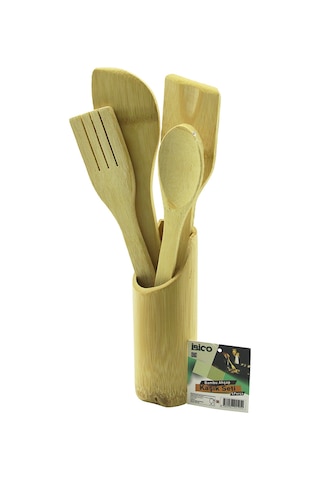 Northcity Ahşap Bambu Mutfak Servis Seti 5 Parça Kaşık, Çatal, 2 Spatula, Stand 27.5/30 Cm