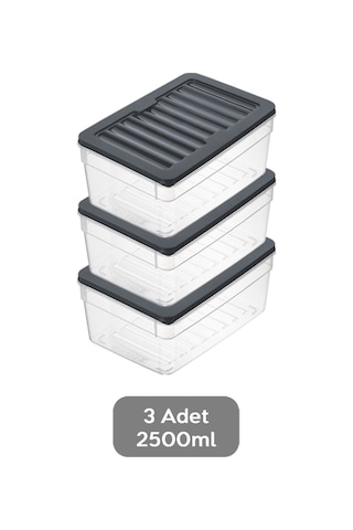 3'lü Derin Mikrodalga Uyumlu Organizer Set Düzenleyici Gıda Erzak Saklama Kabı 2500 ML Antrasit