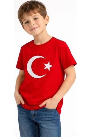 Mzpkartan Erkek Çocuk Tişört Bisiklet Yaka Ay Yıldız Bayrak Baskılı T-shirt - Kırmızı