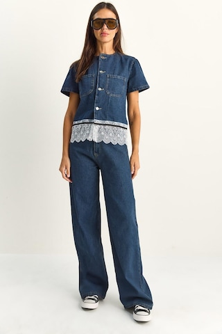 Kadın Dantel Detaylı Kısa Kollu Ceket Wide Leg Denim Pantolon Takım 8211 60286152 - Lacivert