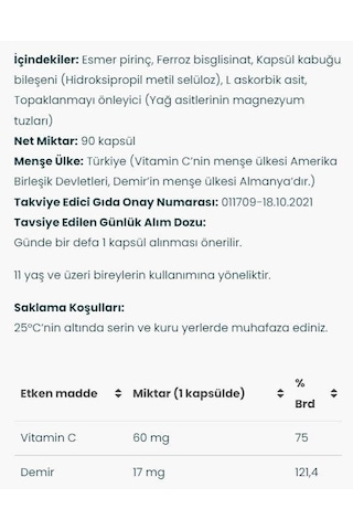Venatura Demir Bisgilisinat Vitamin C 90 Kapsül
