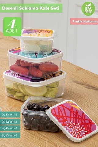 4 Lü Desenli Saklabı Kabı Seti Erzak Kabı Buzdolabı Kabı Kare Bpa Free Şeffaf