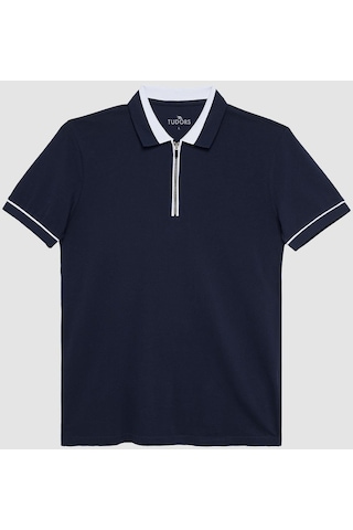 Tudors Erkek Slim Fit Dar Kesim %100 Pamuk Düz Pike Fermuarlı Lacivert Polo Yaka Tişört-31109-lacivert Lacivert