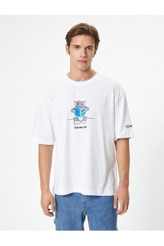 Koton Tom Ve Jerry Tişört Lisanslı Oversize Kısa Kollu Bisiklet Yaka Pamuklu Beyaz 4sam10791hk Beyaz