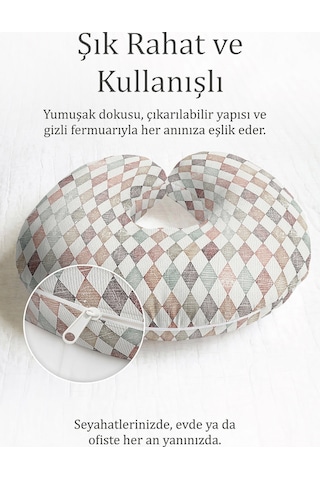 Harlequin Desenli Pamuklu Boyun Yastığı - Pastel Tonlar Krem Mint Yetişkin Seyahat Yastığı Açık Adaçayı Aqua