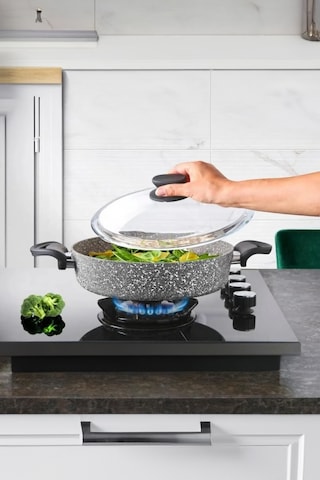 Diez 24 Cm Granit Basık Tencere Gri Yapışmaz Karnıyarık & Pilav Tenceresi Cam Kapaklı