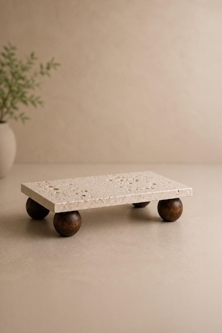 Dikdörtgen Akasya Top Ayaklı Traverten Sunumluk Sunum Tabağı 12x24 Cm Bej