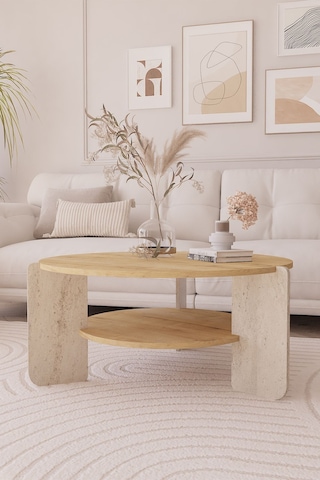 İskandinav Orta Sehpa 90 Cm, Bohem - Safir Meşe & Traverten